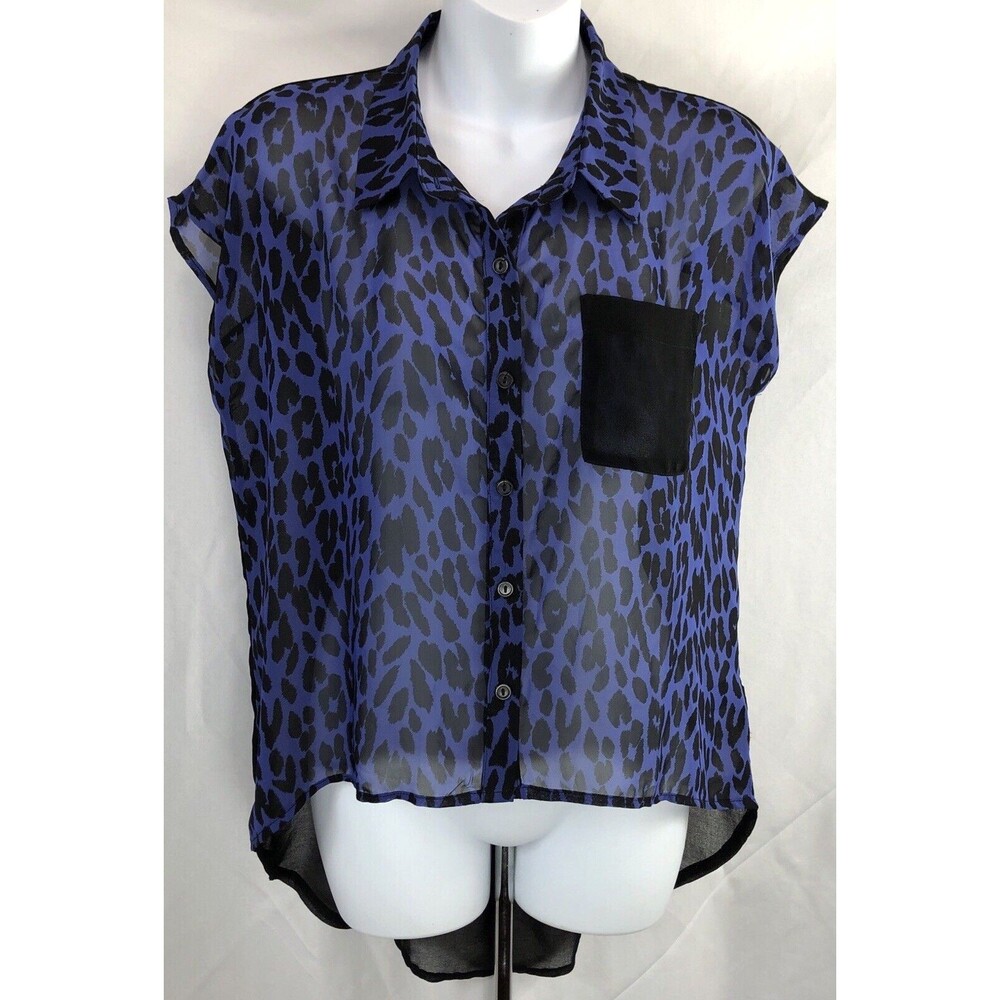 Forever21 Sheer chiffon top M purple leopard Button Up Hi Lo Punk Rock Glam 90s